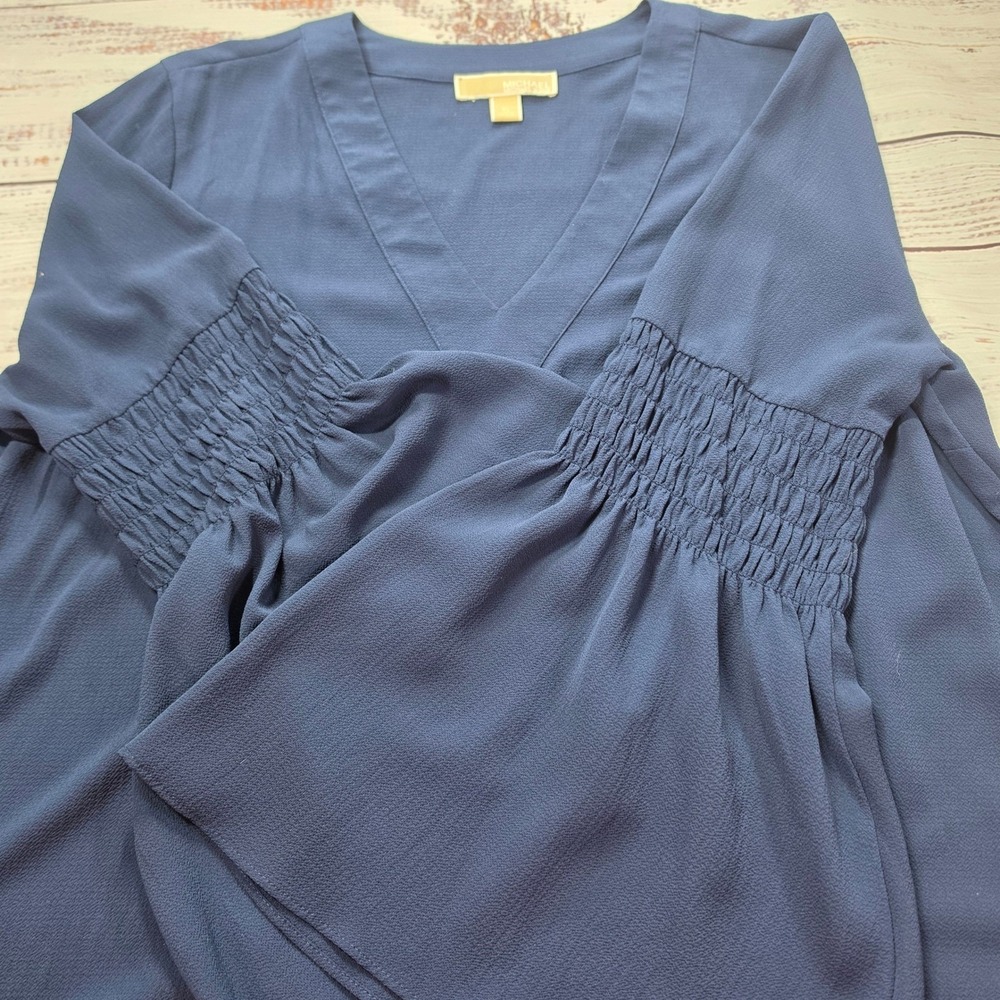Michael Kors V Neck Blouse Women XL Navy Blue Excellent Smocked Bell Sleeve - Picture 2 of 10